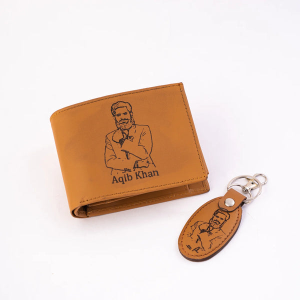 Beautiful Wallet + Keychain with Your sketch and Name on it with Beautiful Box